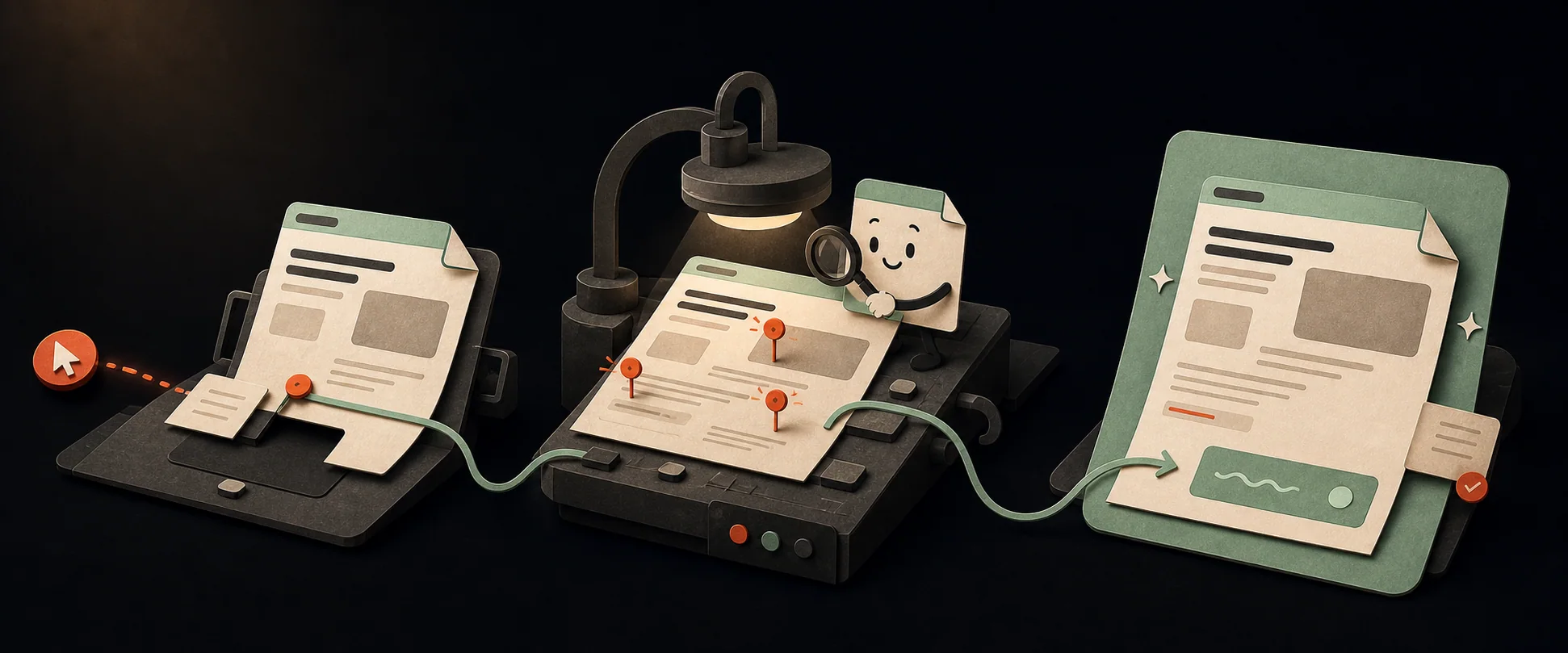 A paid click enters a landing page, after.click diagnoses its leaks, and a repaired page leaves ready to ship.
