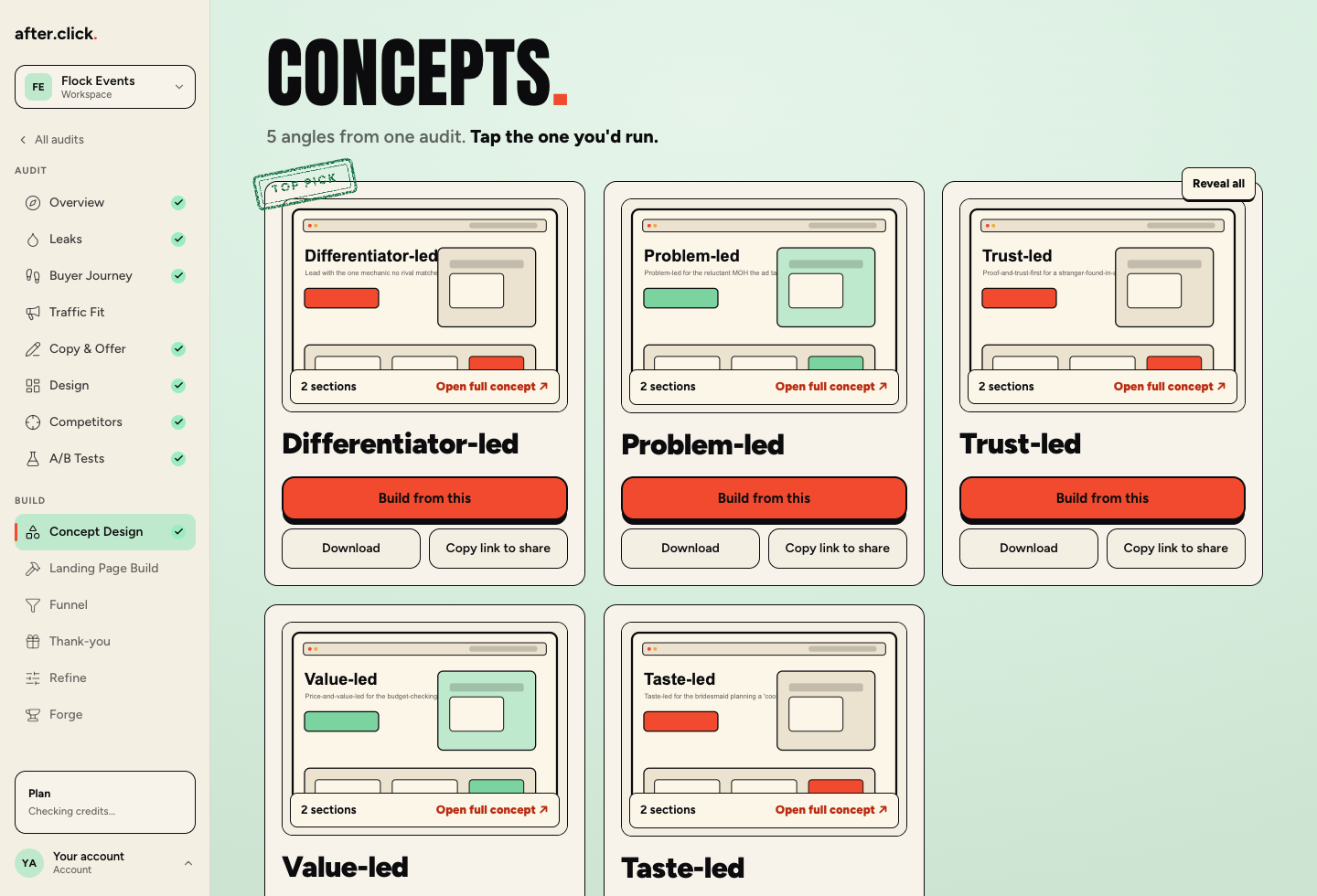 The after.click Concept Design tab: five named concepts from one audit, each one ready to build, download or share.