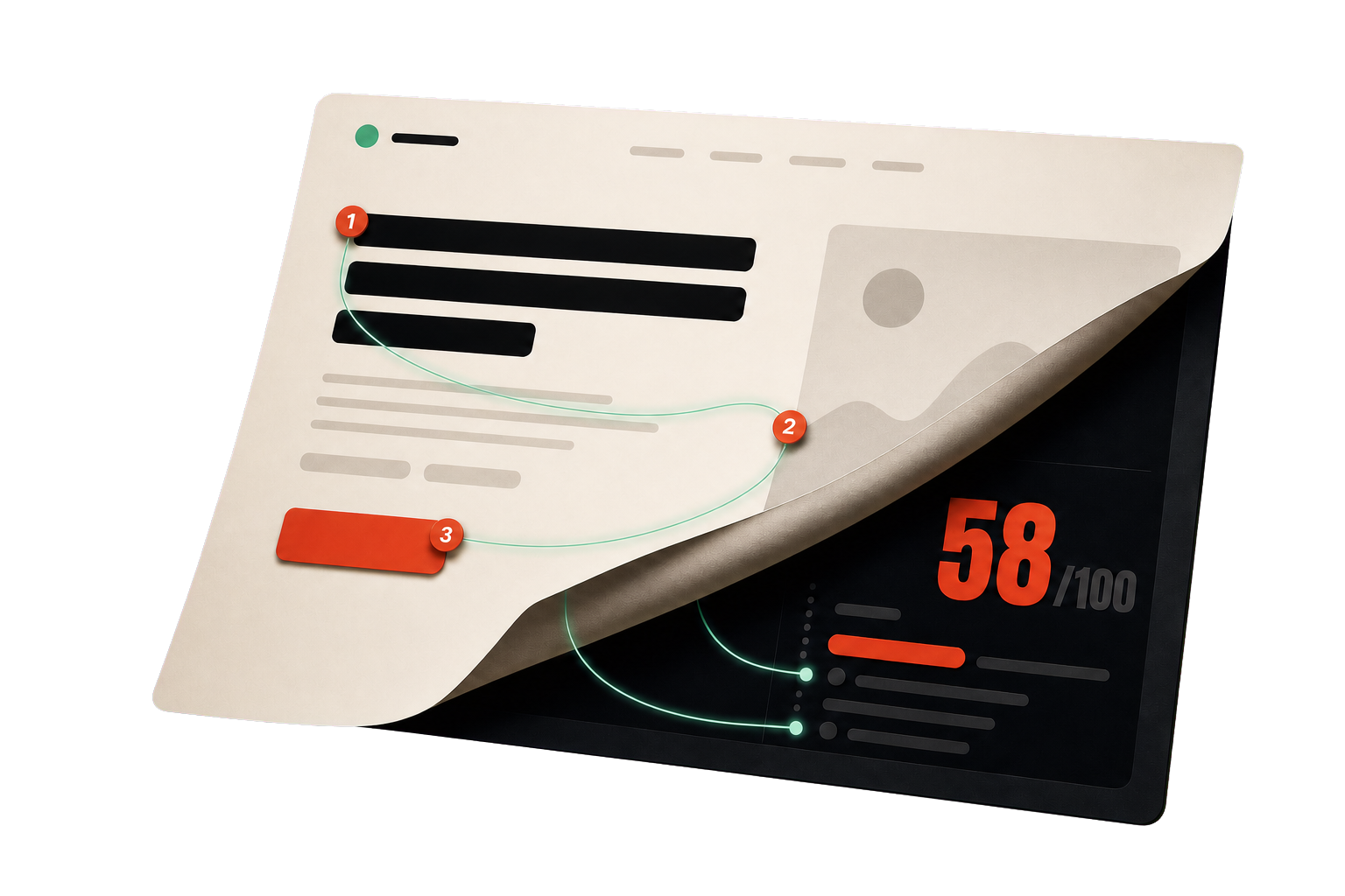 A landing page peels back to reveal its after.click audit score and the three issues pinned to the page.