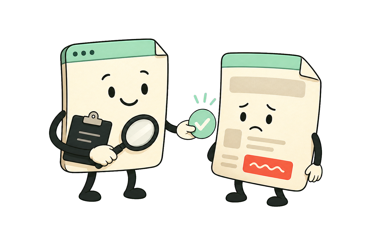 A friendly after.click page doctor checks a worried landing page and gives it a clear approval mark.